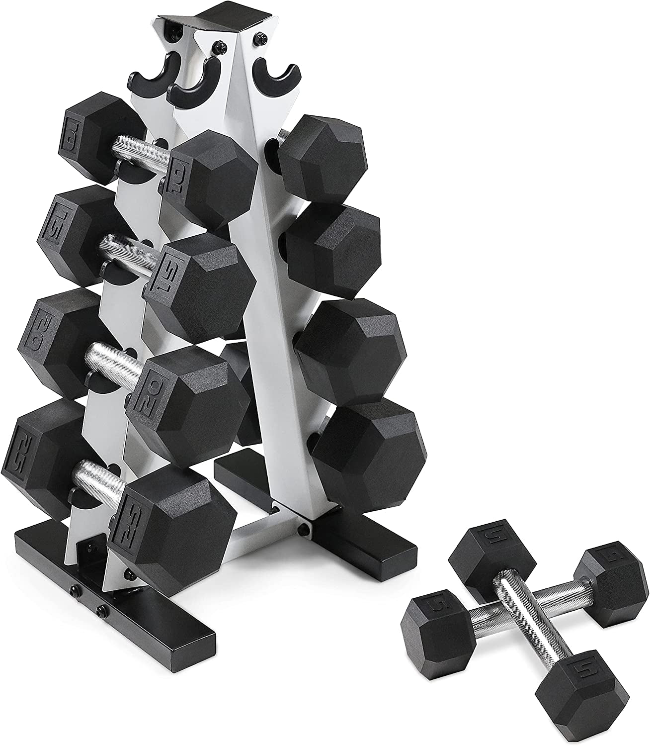 5-25Lb Rubber Coated Hex Dumbbell Set with a Frame Storage Rack Non-Slip Hex Shape for Muscle Toning, Strength Building & Weight Loss - Multiple Choices Available